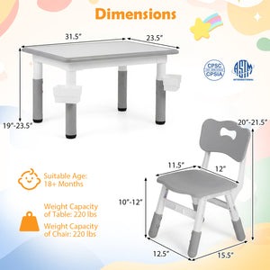 Height Adjustable, Kids Table and 4 Chairs Set with Graffiti Desktop and 2 Storage Baskets-Gray view 5
