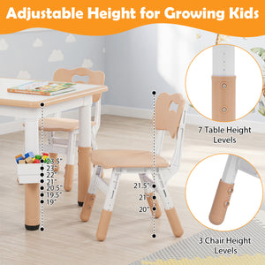 Height Adjustable, Kids Table and 4 Chairs Set with Graffiti Desktop and 2 Storage Baskets-Natrual view 9
