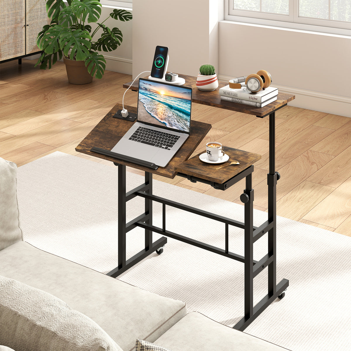 Height Adjustable Mobile Standing Desk with Power Outlets and Portable Rolling Laptop Cart on Wheels-Rustic Brown view 2