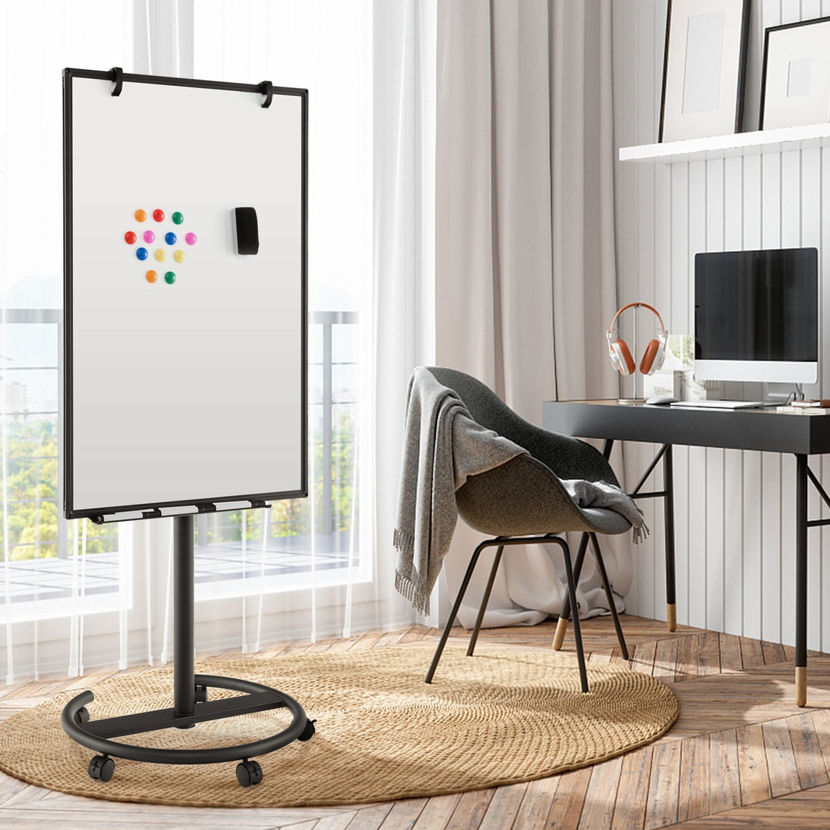 Height-Adjustable Mobile Whiteboard with Round Stand Paper Clips-Black view 2