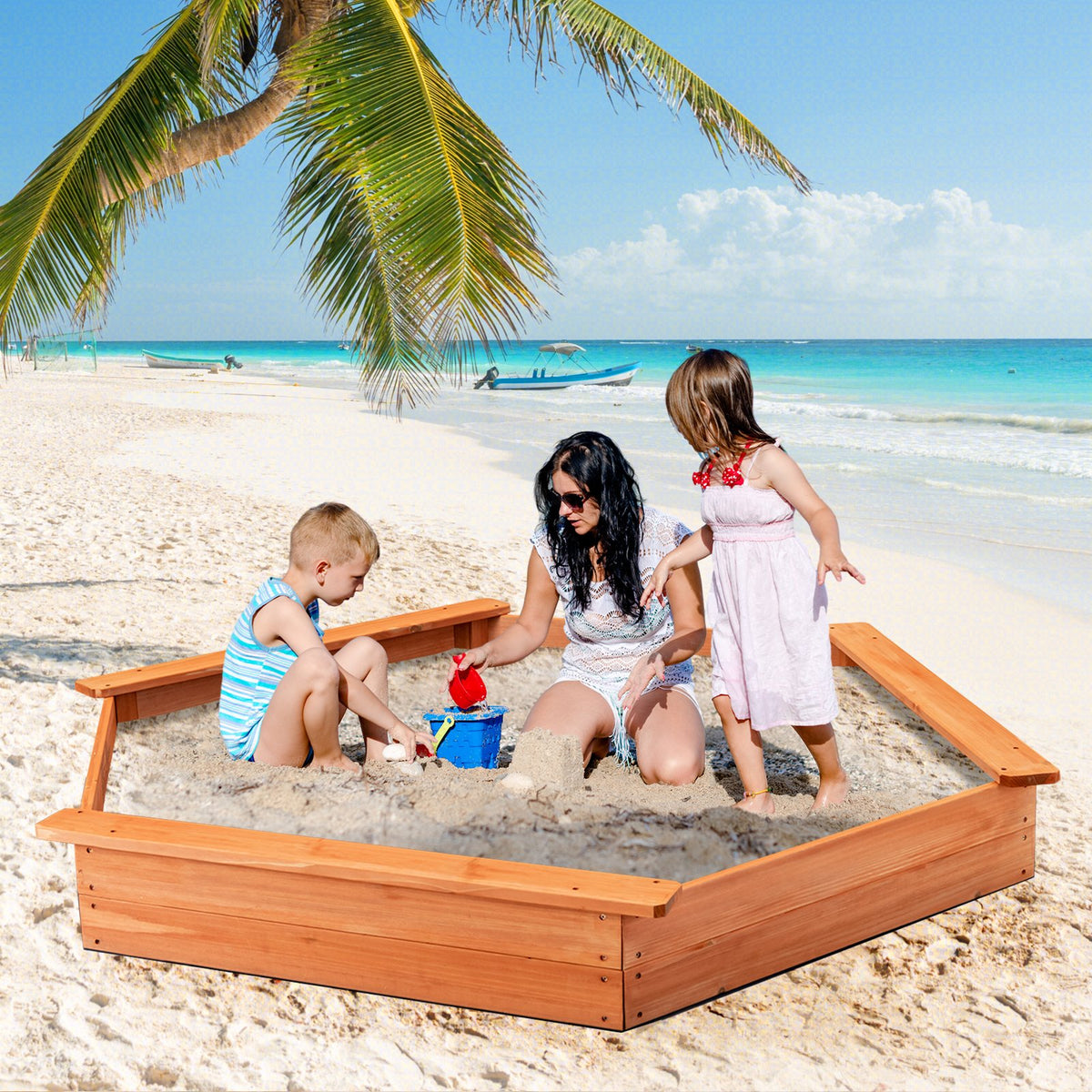 Hexagon Wooden Cedar Sand Box with Seat Boards view 2
