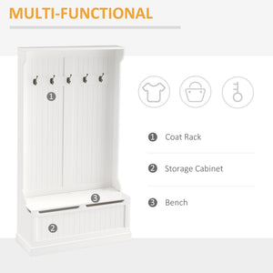 3-In-1 Hall Tree w/ Coat Rack, Shoe Storage and Bench Seat, Entryway Bench w/ 4 Hooks for Hallway, Living Room, White