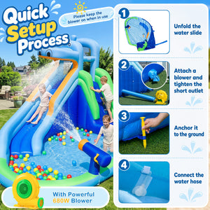 Hippo-Themed Inflatable Water Slide with Long Slide and Climbing Wall for Kids Backyard with 680W Blower view 9