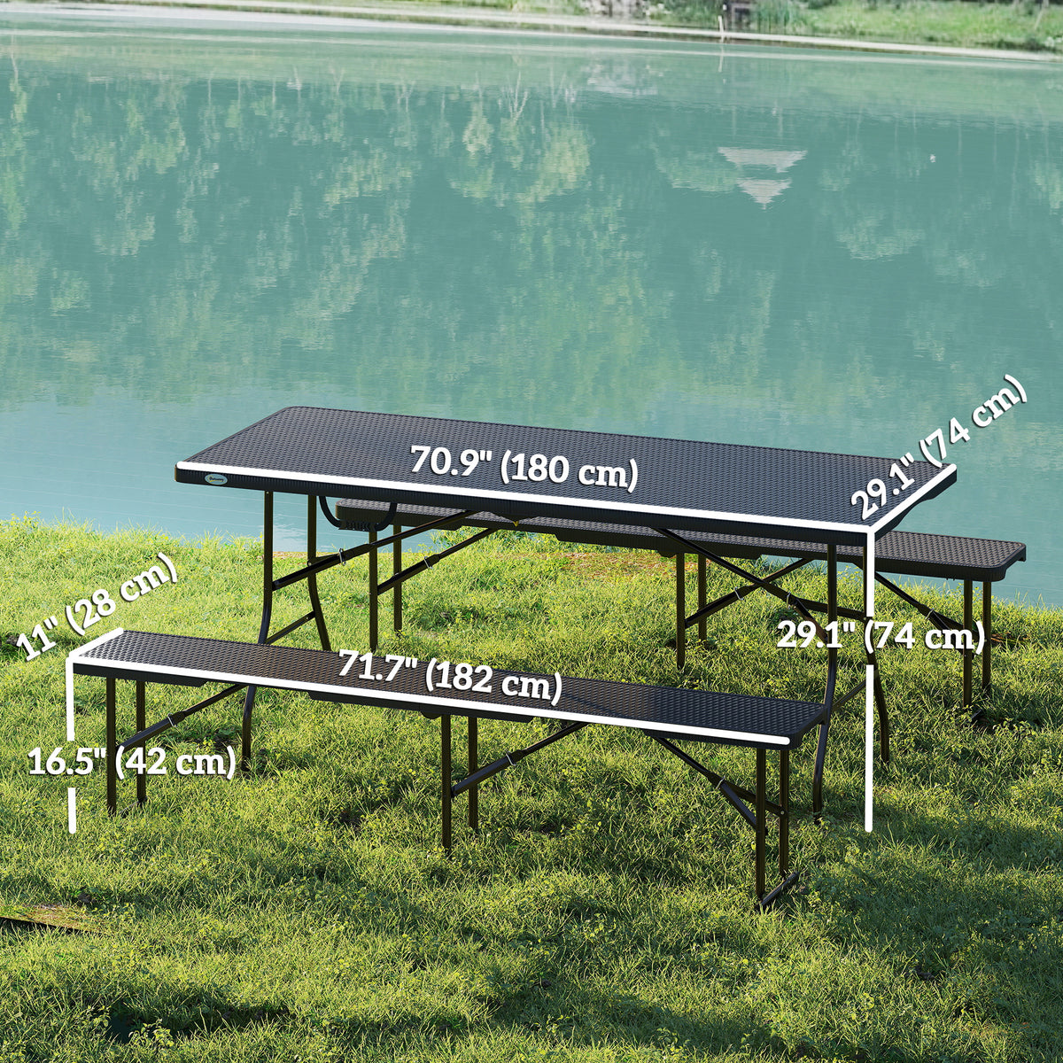 6FT 3PCS Faux Rattan Outdoor Camping Table Bench Set with Carrying Handles, Folding Picnic Table with 2 Benches, Black