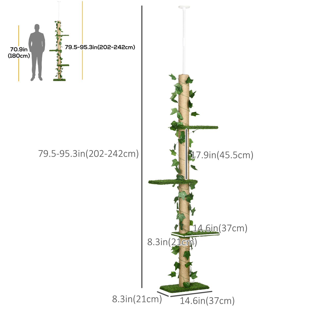 4-Tier Floor to Ceiling Cat Tree, Height(80-95Inches)Adjustable, Tall Cat Tower w/ Anti-Slip Kit, Leaves, Multi-Layer Activity Centre w/ Scratching Post