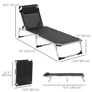 Folding Lounge Chair, Patio Lounger with Headrest, 5-Level Adjustable Backrest, and Aluminum Frame, Black – view 2