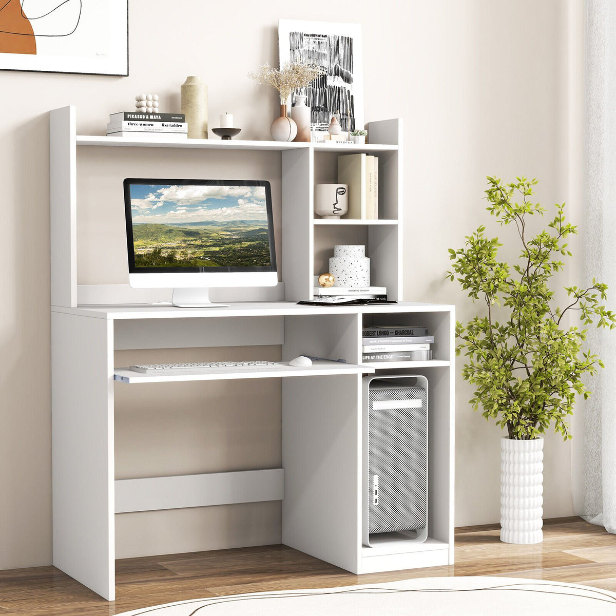 Home Office Computer Desk with Bookcase Keyboard Tray and CPU Stand-White view 2