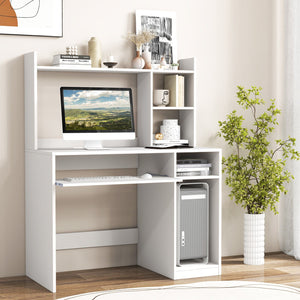 Home Office Computer Desk with Bookcase Keyboard Tray and CPU Stand-White view 2
