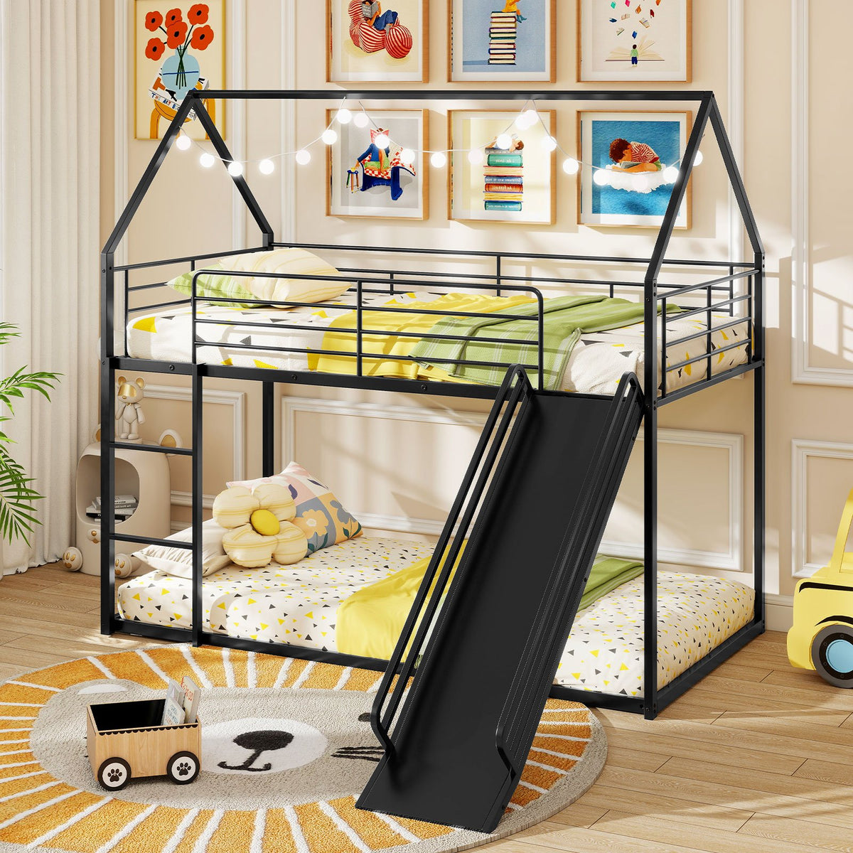 House-shaped Metal Twin Over Twin Low Bunk Bed-Black view 2