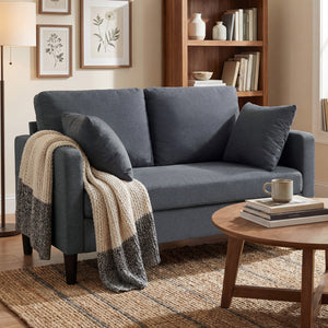 55" Loveseat Sofa, Modern Linen Upholstered Couch with Spring Cushion, 2 Pillows, Dark Grey