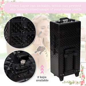 4 in 1 Portable Aluminum Makeup Case Train Cases, Rolling Makeup Case with 2 Wheels, Multiple Compartments and Lift Handle