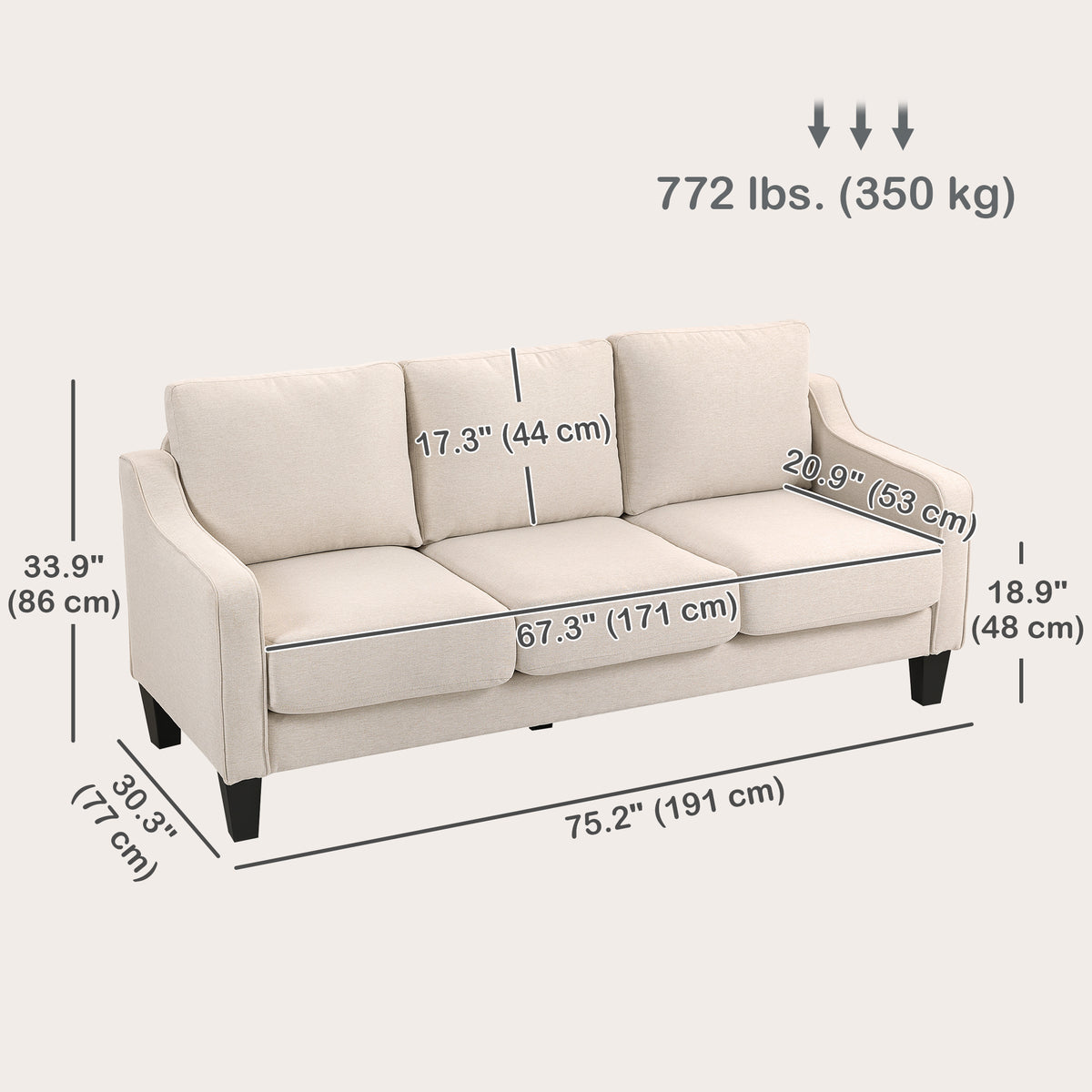 3 Seater Sofa, Modern Couch with Pocket Spring, Linen Upholstered, Thick Padded, Beige – view 2