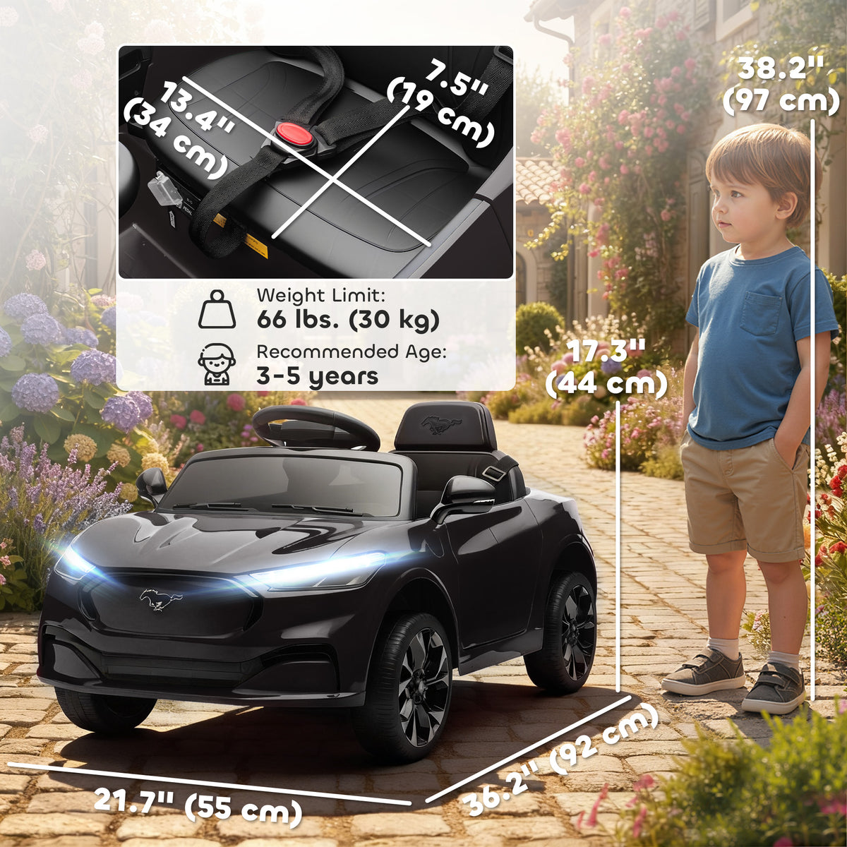 Qaba Ride On Car for Kids, Licensed Ford Mustang Mach-E 12V Electric Car with Remote Control, LED Light, Music, Black