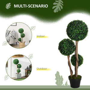 35 Inch Potted Fake Plant, Artificial Boxwood Topiary Tree, Triple Ball Tree for Indoor and Outdoor, Dark Green