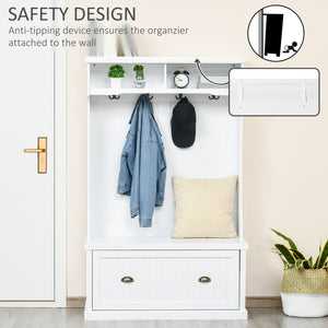 64.5" H Hall Tree with Storage Drawer & Top Shelf, Coat Rack Wooden Entryway Storage Bench Hall Tree Hallway Clothes Bag Coat Rack 4 Hooks, White