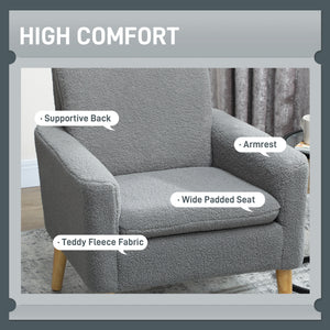 Fabric Accent Chair, Modern Upholstered Armchair with Wood Legs and Wide Padded Seat, Grey
