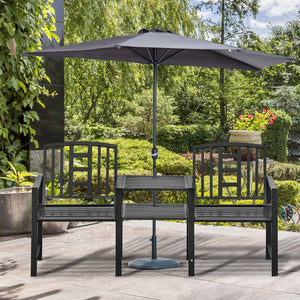 Steel Garden Bench w/ Middle Table, Umbrella Hole, Double Seat for Outdoor, Patio, Backyard Weather-Resistant Frame, Black