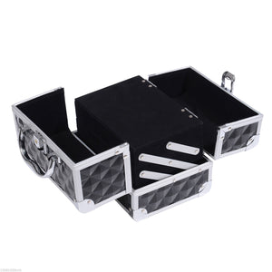 3 Tier Diamond Texture Makeup Train Case Cosmetic Organizer with Mirror, Black – view 6