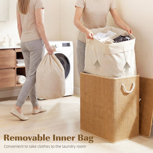 Double Laundry Basket with Lid, 100L Bamboo Laundry Hamper with Rope Handles and Removable Bags, Brown – view 4
