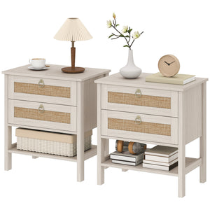 Set of 2 Boho Bedside Tables, Rattan Nightstands with 2 Drawers, Storage Shelf, End Side Tables for Bedroom, White Oak