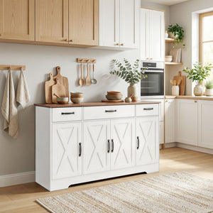 Sideboard Buffet Cabinet, 55" Farmhouse Kitchen Cabinet with 4 Barn Doors, 3 Drawers, 3 Adjustable Shelves – view 14