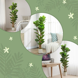 5FT Artificial Fiddle Leaf Fig Tree Set of 2, Fake Potted Tree with Solid Wood Trunks for Indoor Decor, Green