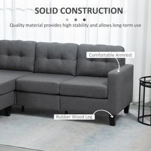 L-shaped Sofa, 3 Seater Couch with Ottoman, Corner Sofa with Thick Padded Cushion and Wood Legs, Dark Grey