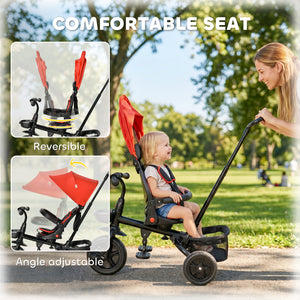 Qaba Tricycle for Toddler 5 in 1 Kids Trike, Foldable Converts Stroller to Toddler Bike, Adjustable Backrest & Curved Canopy, Detachable Guardrail & Handle for 1-5 Years Old