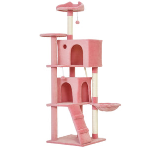 63 Inch Cat Tree with Sisal Scratching Posts, Condos, Plush Perches, Hammock, Ladder, Dangling Balls, Beige – view 29