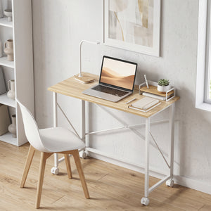 31.5" Home Office Desk, Folding Desk with Wheels for Small Space, Easy Assemblyfor Home Office, Natural Wood Finish