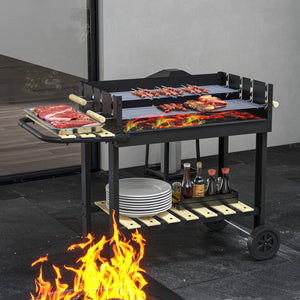 Charcoal Grill,Barbecue Trolley with Double Adjustable Grill, Side Table, Storage Shelf and Wheels, Black