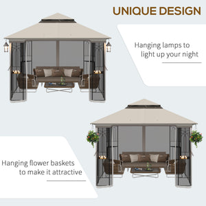 10'x10' Soft-top Patio Gazebo with Double Tier Roof, Mesh Curtains, Display Shelves, Top Hooks, Beige – view 4