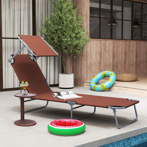 Outdoor Lounge Chair, Adjustable Folding Chaise Lounge, Tanning Chair with Sun Shade for Beach, Camping, Hiking, Backyard, Brown