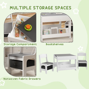 Qaba 3 Piece Kids Table and Chair Set with Reversible Tabletop, Blackboard, Storage, Bookshelf, for Playroom, Nursery