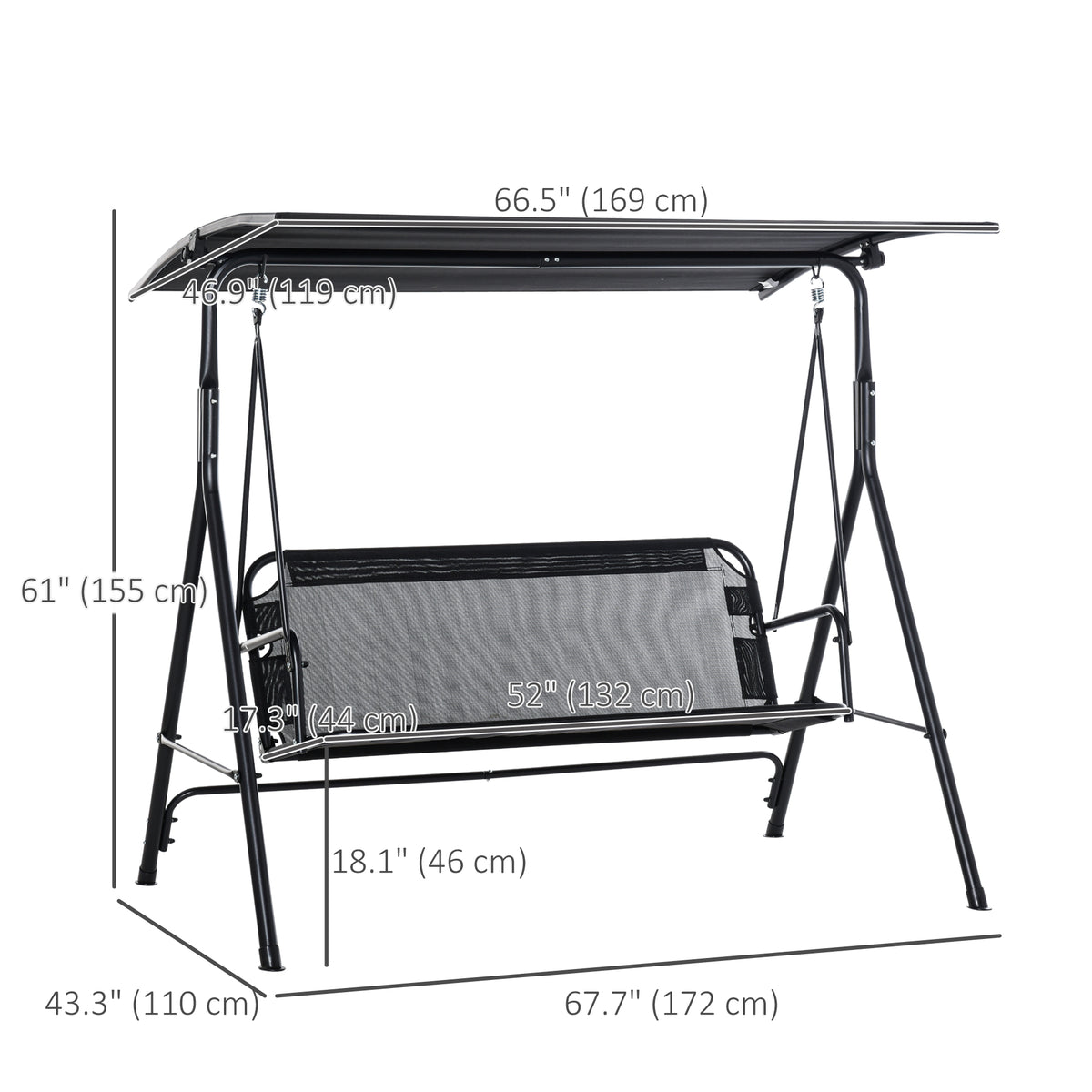 2-Person Porch Swing Chair, 2 Seater Patio Swing Bench w/ Adjustable Canopy, Breathable Seat for Garden – view 2