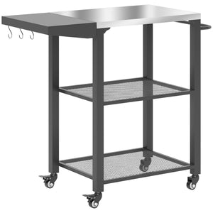 3-Shelf Outdoor Grill Cart Table with Side Handle, Stainless Steel Pizza Oven Stand on Wheels, Black – view 8
