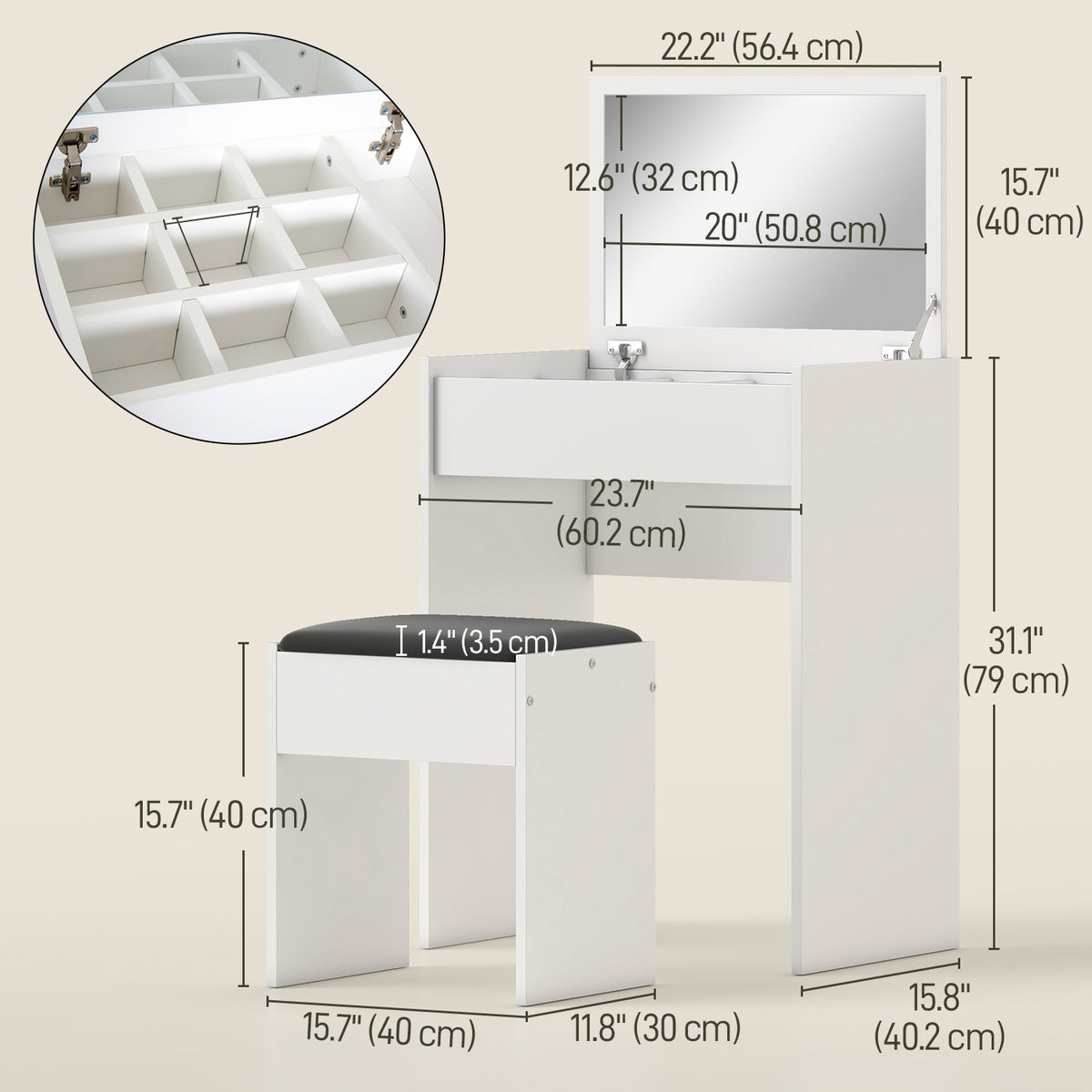 Modern Vanity Set with Makeup Table and Cushioned Stool – view 2