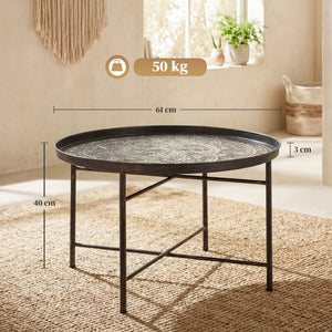 Vintage Coffee Table for Living Room, 24" Round Center Table with Hammered Tray Top and Metal Frame, Pewter