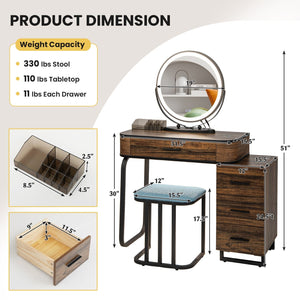 Vanity Table Set with 3-Color Lighted Mirror and Charging Station-Brown view 5