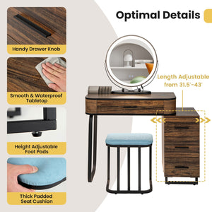 Vanity Table Set with 3-Color Lighted Mirror and Charging Station-Brown view 9