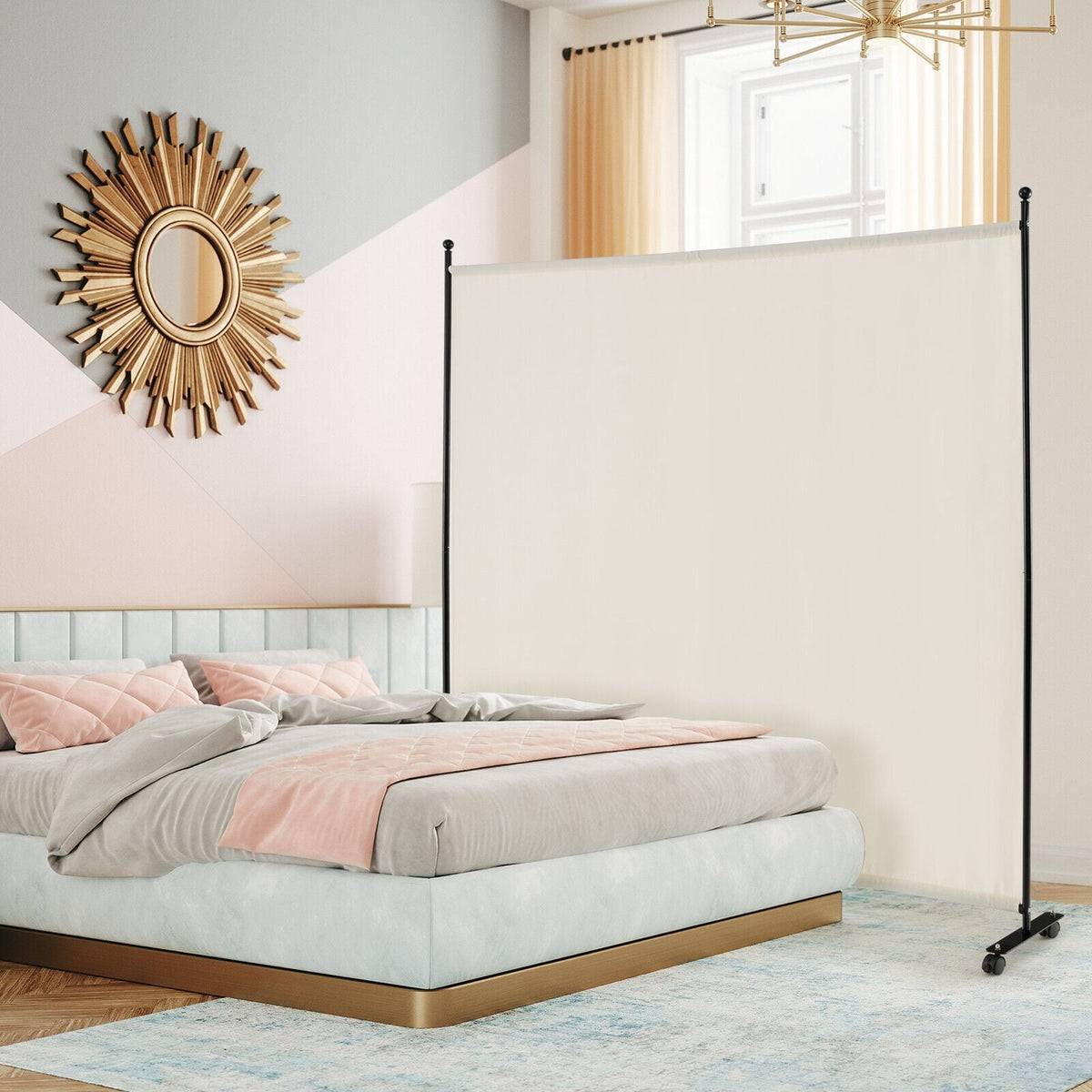 6 Feet Single Panel Rolling Room Divider with Smooth Wheels-White view 2