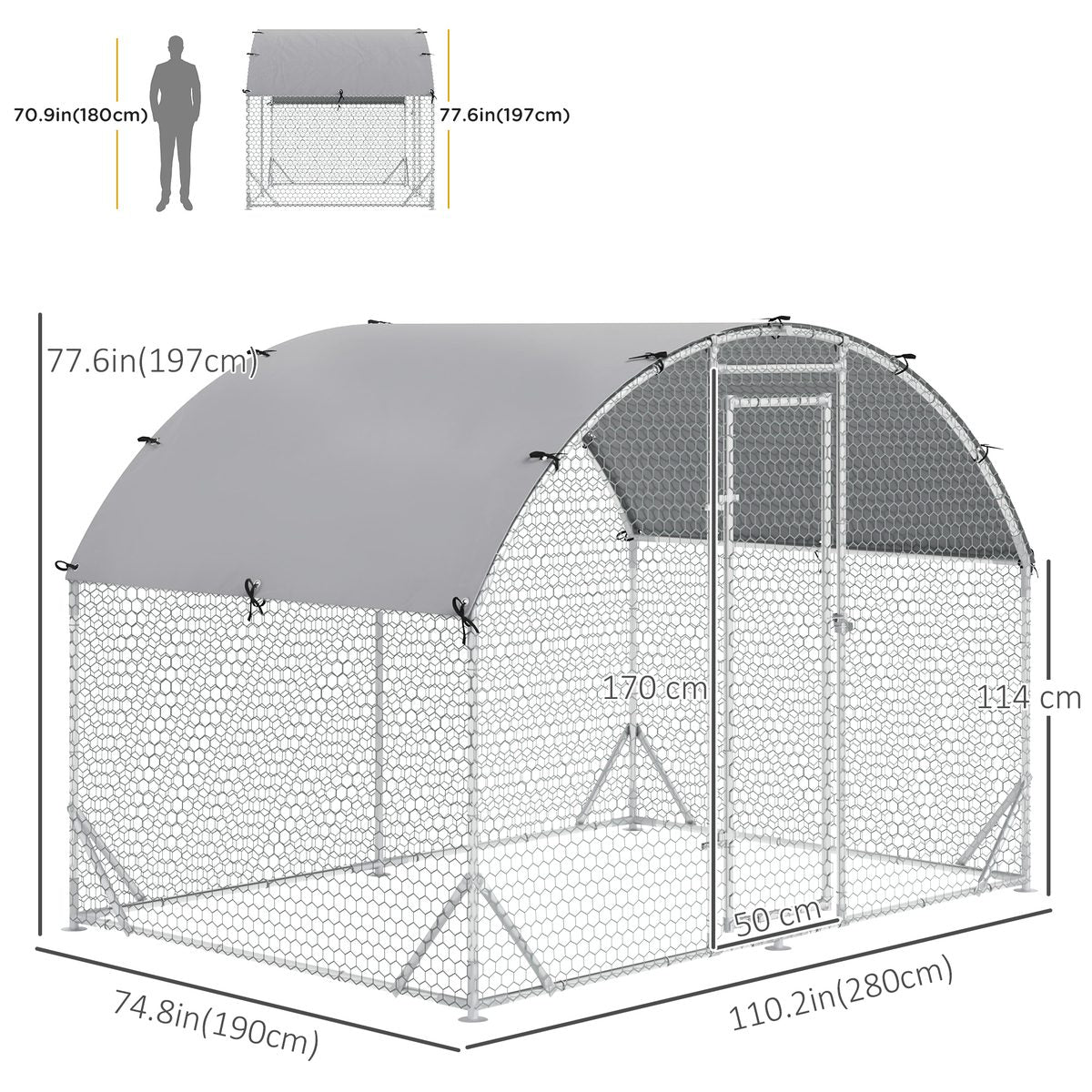 Galvanized Large Metal Chicken Coop Cage Walk-in Enclosure Poultry Hen Run House Playpen Rabbit Hutch with Cover for Outdoor Backyard 9.2' x 6.2' x 6.5' Silver