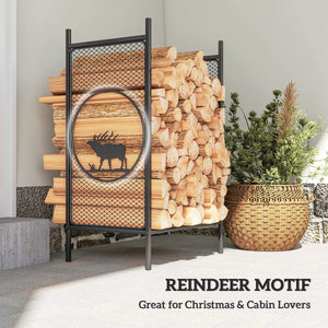 Firewood Rack Outdoor, 19" Heavy Duty Metal Fireplace Log Holder with Mesh Sides and Decorative Deer Patterns