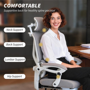 Mesh Desk Chair with Adjustable Headrest, Reclining Ergonomic Office Chair with Footrest, Light Grey
