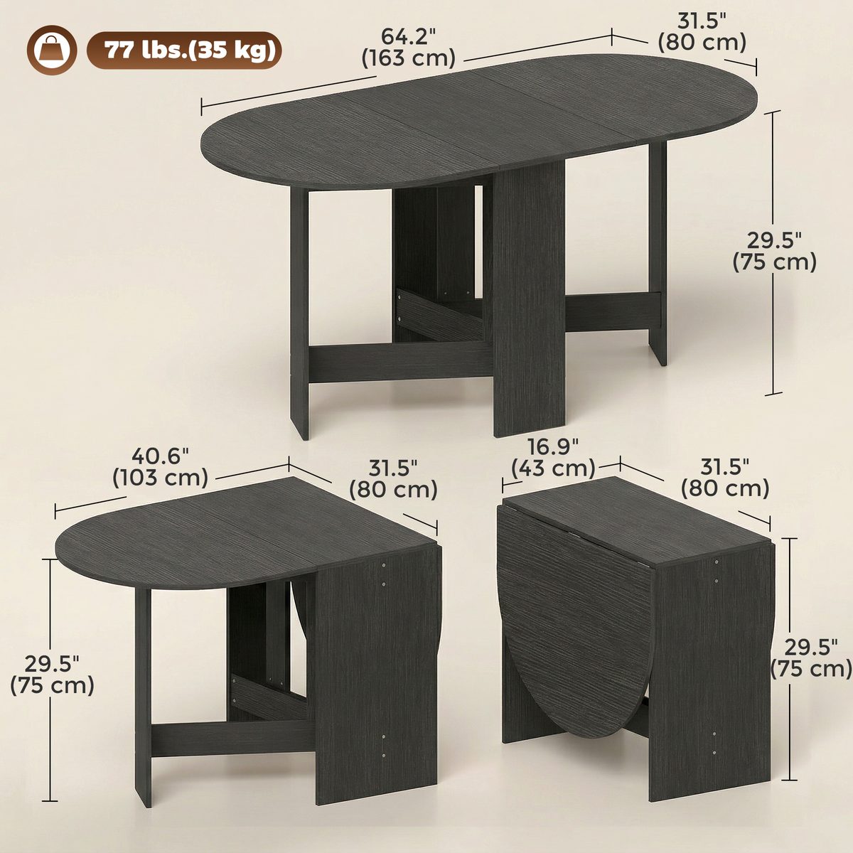 Oval Folding Dining Table, Space Saving Drop Leaf Kitchen Table for Dining Room, Living Room, Black