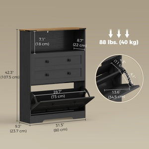 Shoe Cabinet with 2 Flip Drawers, Narrow Shoe Storage Cabinet, Black