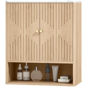 Bathroom Wall Cabinet, Wall-Mounted Medicine Cabinet with Adjustable Shelf, Open Shelf and Marble Effect Top, Oak