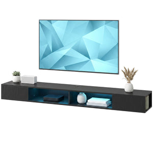 TV Stand with RGB LED Lights, Entertainment Center with Open Shelves for 75 Inch TV, Black Wood Grain