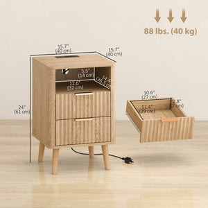 Nightstands Set of 2, Modern Bedside Tables with Charging Station, 2 Drawers and Open Shelf, Oak