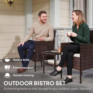 Wicker Bistro Set, 3 Piece Patio Furniture Set with 2-Tier Glass Top Table, Cushions for Balcony, Porch, Beige